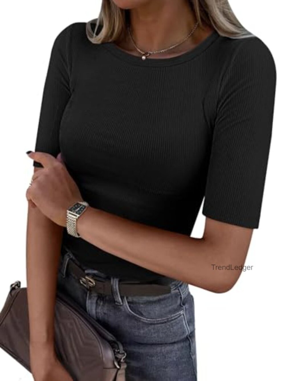 Women's Ribbed Knit Half Sleeve Crewneck Tee Shirt Skinny Fit
